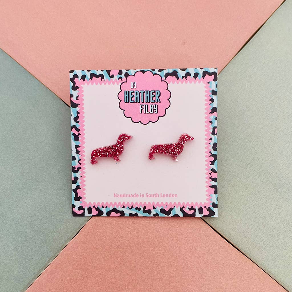 By Heather Filby - Wholesale Stud/Post Earrings - Sausage Dog Stud Glitter Earrings (MORE COLOURS)