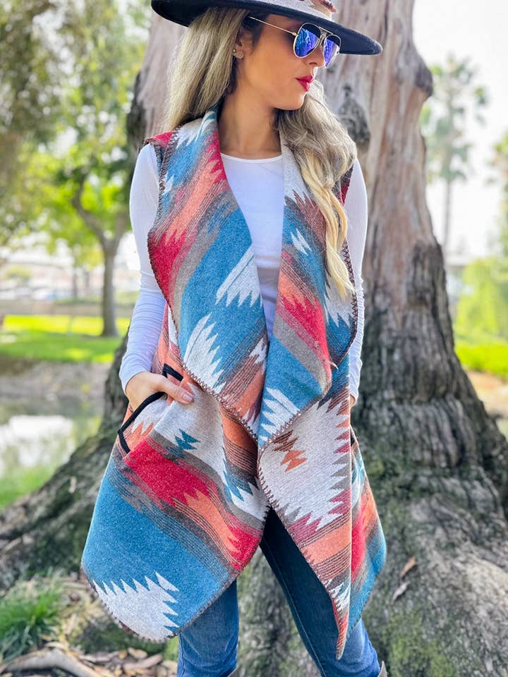 Teal Multi Aztec Printed Stitch Detail Vest With Pocket for wholesale by AMOLI