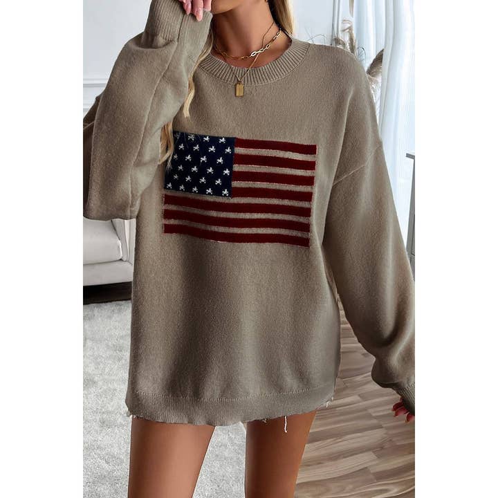 Olivetree Flourishing - Wholesale Knit Sweater - Women's - Knit Round Neck Flag Print Loose Fit Sweater 2T1959M