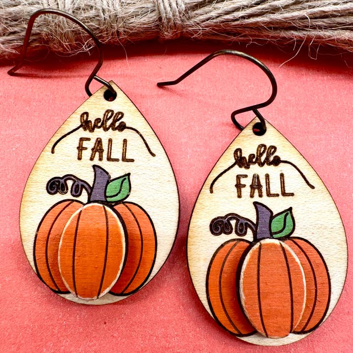 Hello Fall Pumpkin Handmade Wood Earrings for wholesale by The Poppy Peach, LLC.