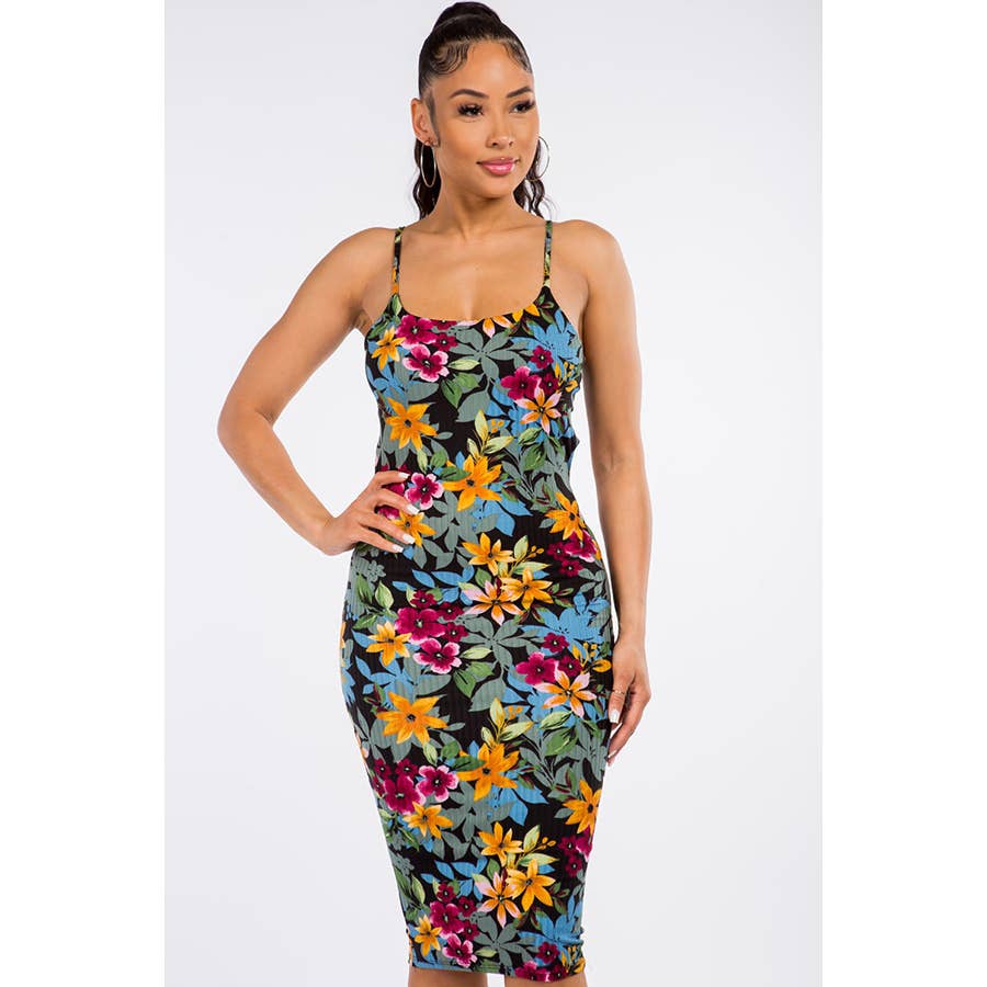 BLACK MULTI D12615 Floral Tie Back Midi Dress for wholesale on Faire2