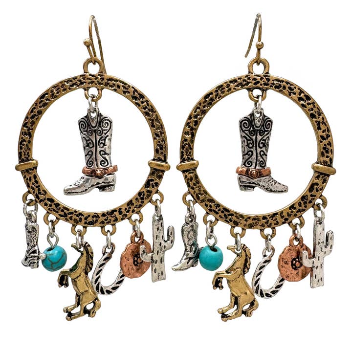 Cowboy Boots Western Charms Large Circle Earrings for wholesale by Lunar Deer
