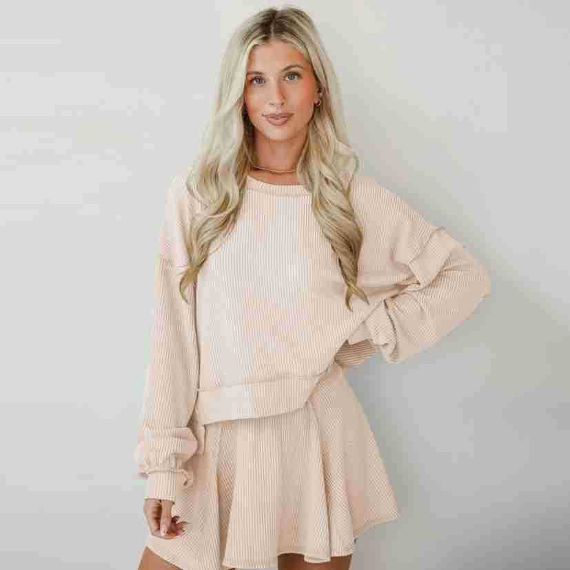 Marayn - Wholesale Top & Skirt Set - Women's - Autumn Ribbed Set Lantern Sleeve Top  Pleated Skirt40