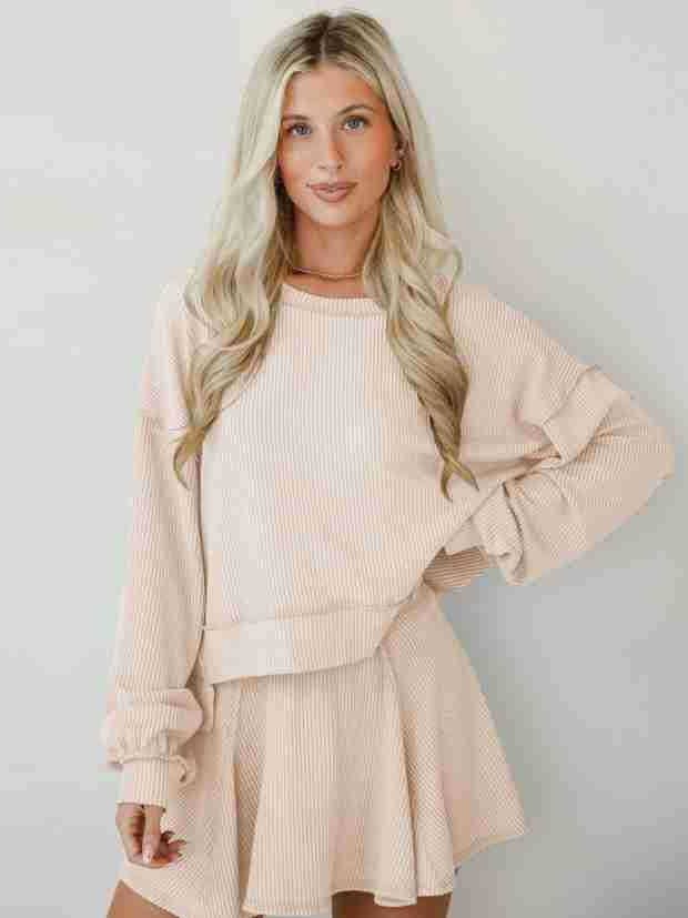 Marayn - Wholesale Top & Skirt Set - Women's - Autumn Ribbed Set Lantern Sleeve Top Pleated Skirt40