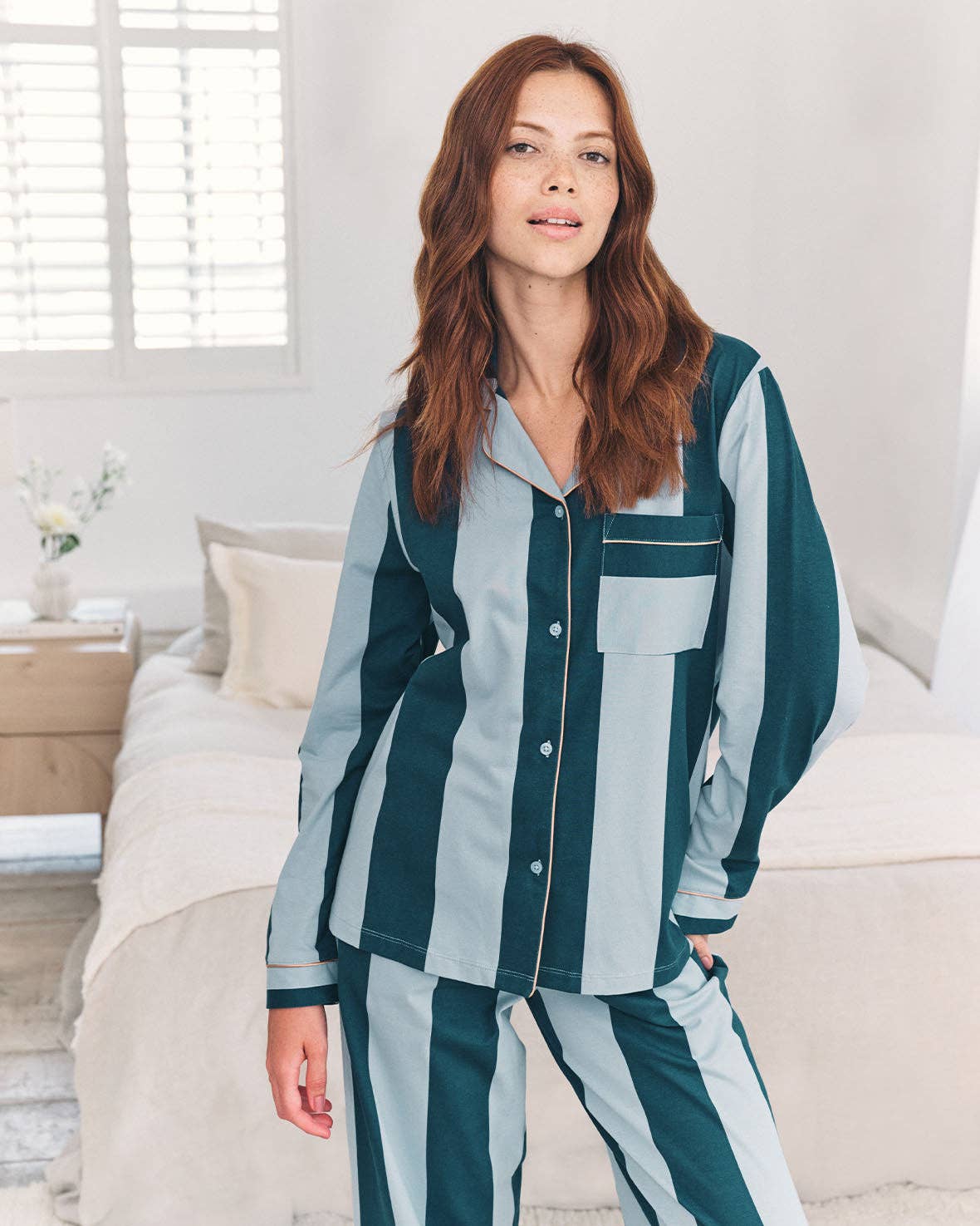 Chelsea Peers – wholesale Sleepwear set – Women's – Organic Cotton Stripe Long Pyjama Set - Blue1