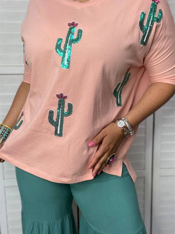 Sequin green cactus pink loose short sleeve top XCH15055 for wholesale by luluclothes