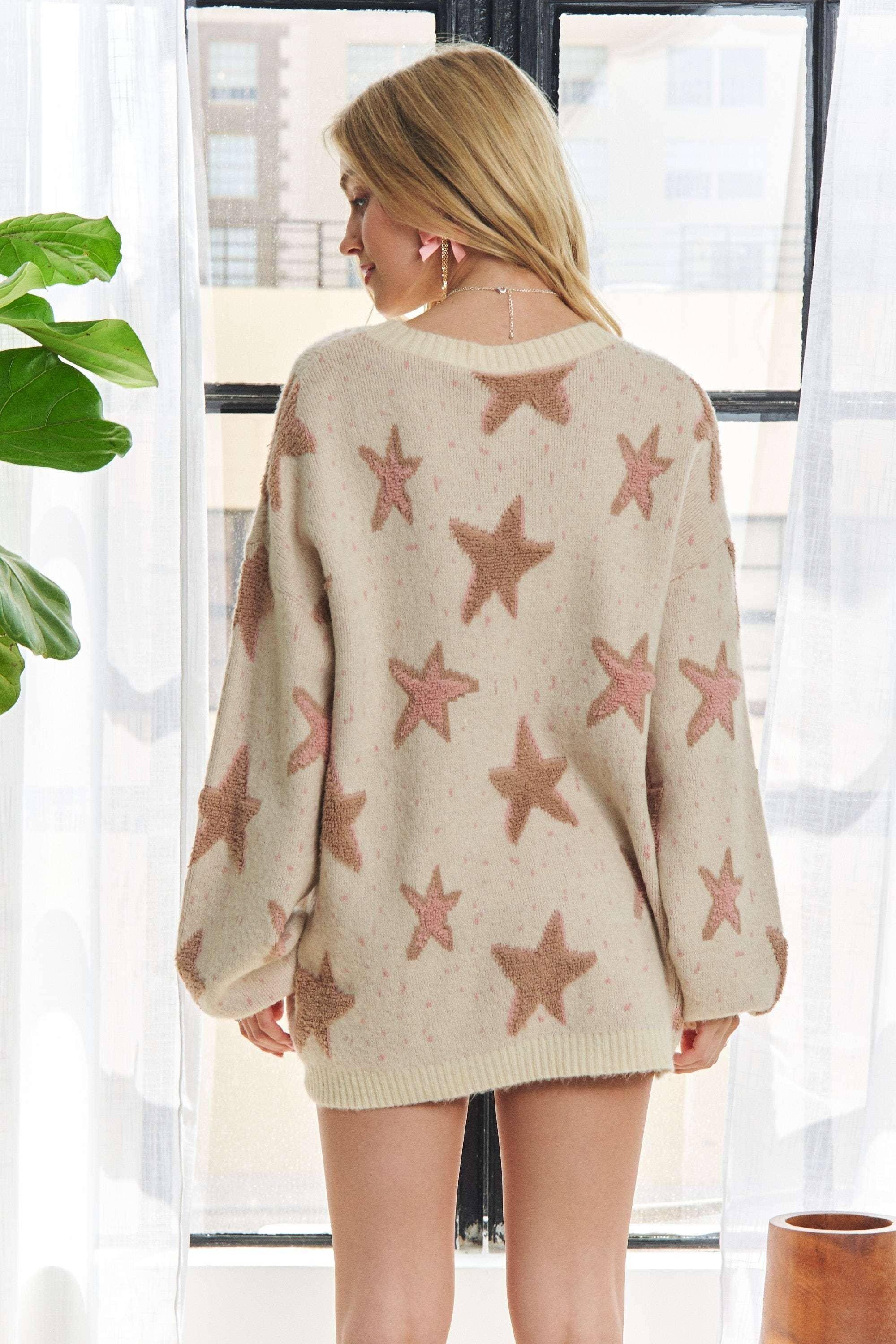ADORA LA - Wholesale Knit Sweater - Women's - CESW2548 - TEXTURE STAR PATTERN CREW NECK SWEATER4