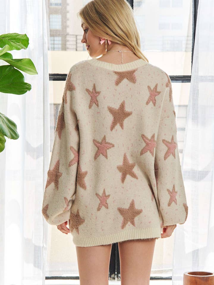 ADORA LA - Wholesale Knit Sweater - Women's - CESW2548 - TEXTURE STAR PATTERN CREW NECK SWEATER4