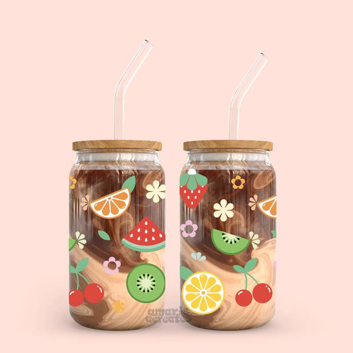 Fruits Galore Glass Cup for wholesale by amarieacreates