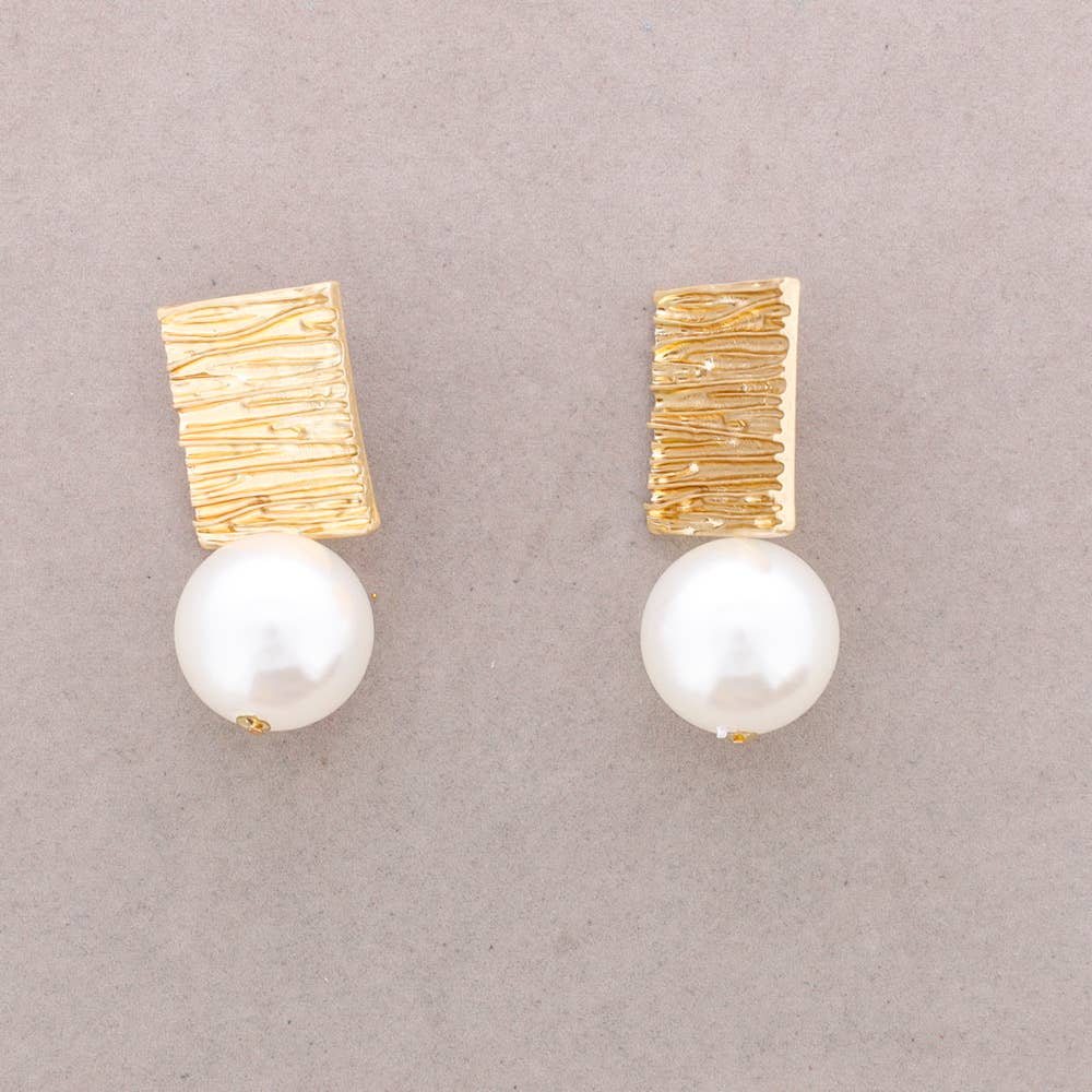 Sonata - Wholesale Snap Jewelry - Square Metal Earrings with Hanging Imitation Pearl Ball4