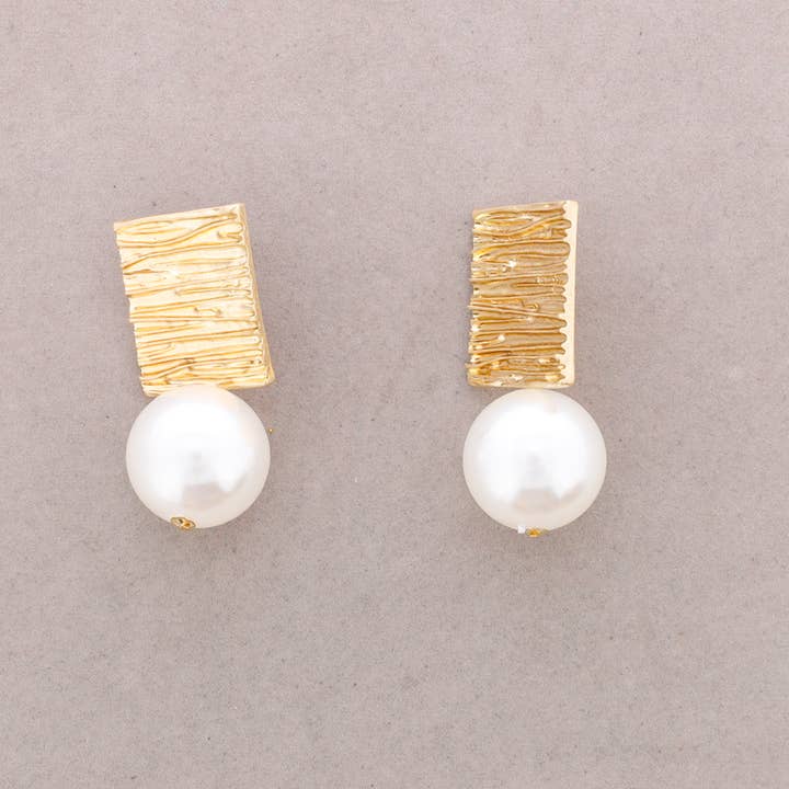 Sonata - Wholesale Snap Jewelry - Square Metal Earrings with Hanging Imitation Pearl Ball4