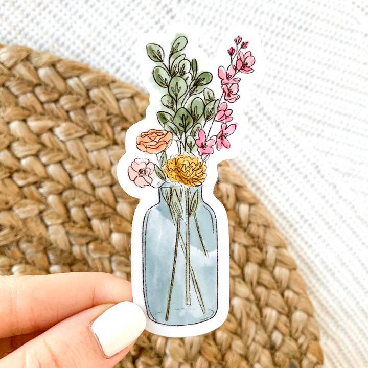 Watercolor Vase with Flower Bouquet Sticker 3.5x1.75in for wholesale by Elyse Breanne Design