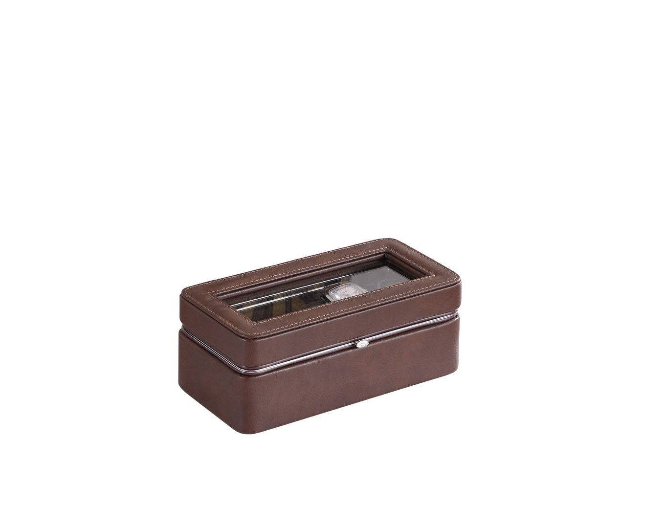 39F Inc. - Wholesale Jewelry Box/Organizer - 8in Brown Leather 4-Slot Watch Case with Glass Lid1