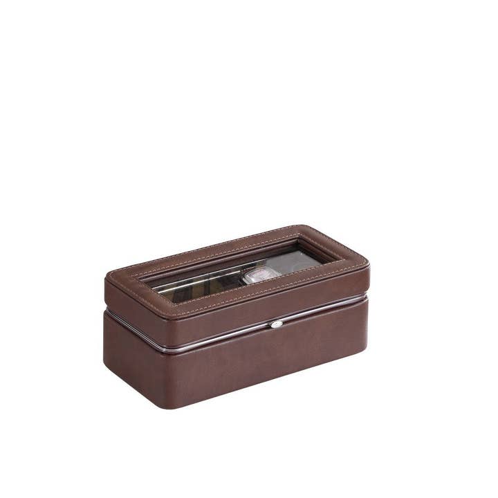 39F Inc. - Wholesale Jewelry Box/Organizer - 8in Brown Leather 4-Slot Watch Case with Glass Lid1
