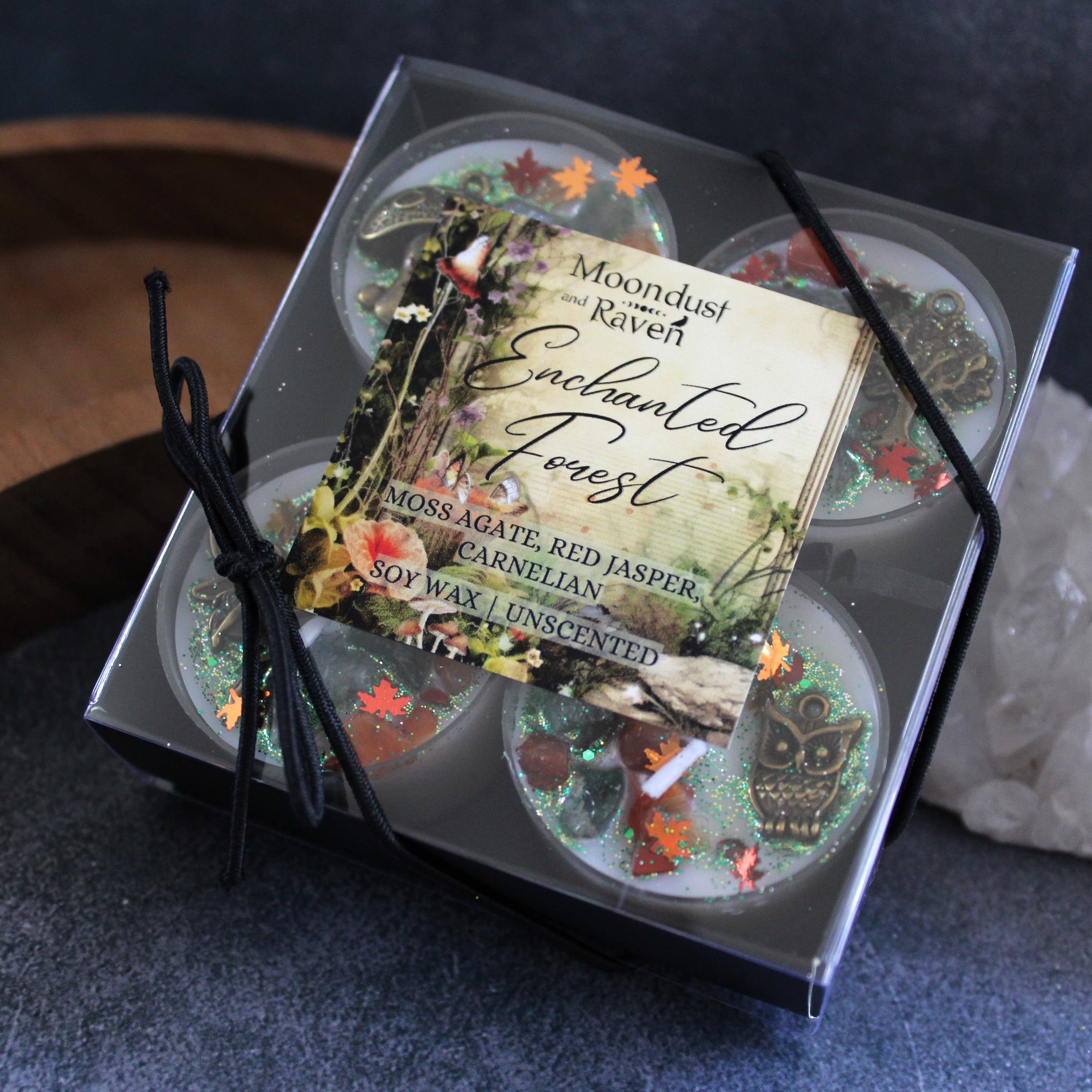Moondust and Raven - Venta al por mayor Velas pequeñas - Velas de té Enchanted Forest con cristales, velas rituales2