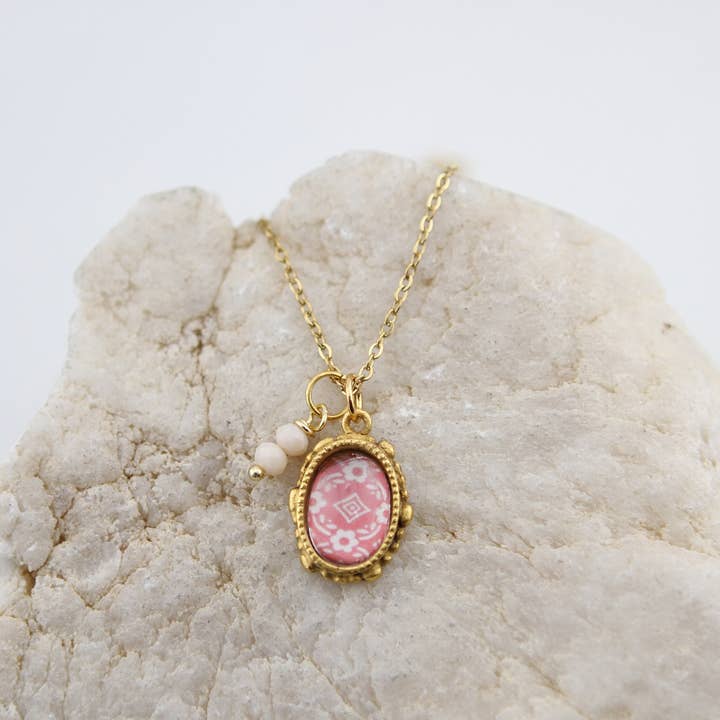Vintage Wallpaper Pink Ornate Oval Gold Necklace for wholesale by Jennifer Dahl Designs LLC