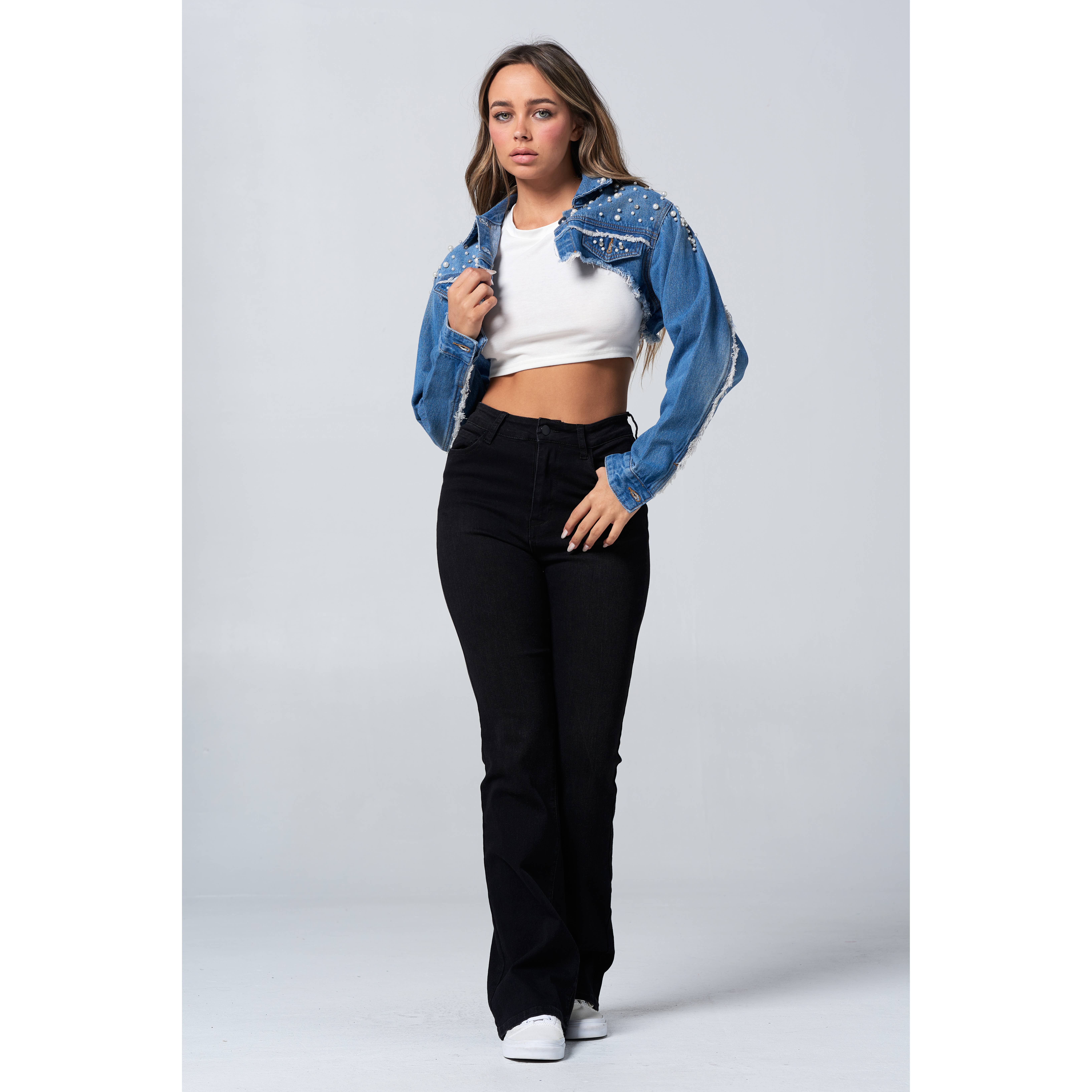 Blue Turtle - Wholesale Denim Jacket - Women's - Diamond Pearl and Rhinestone Super Crop Denim Jacket Light JK220716