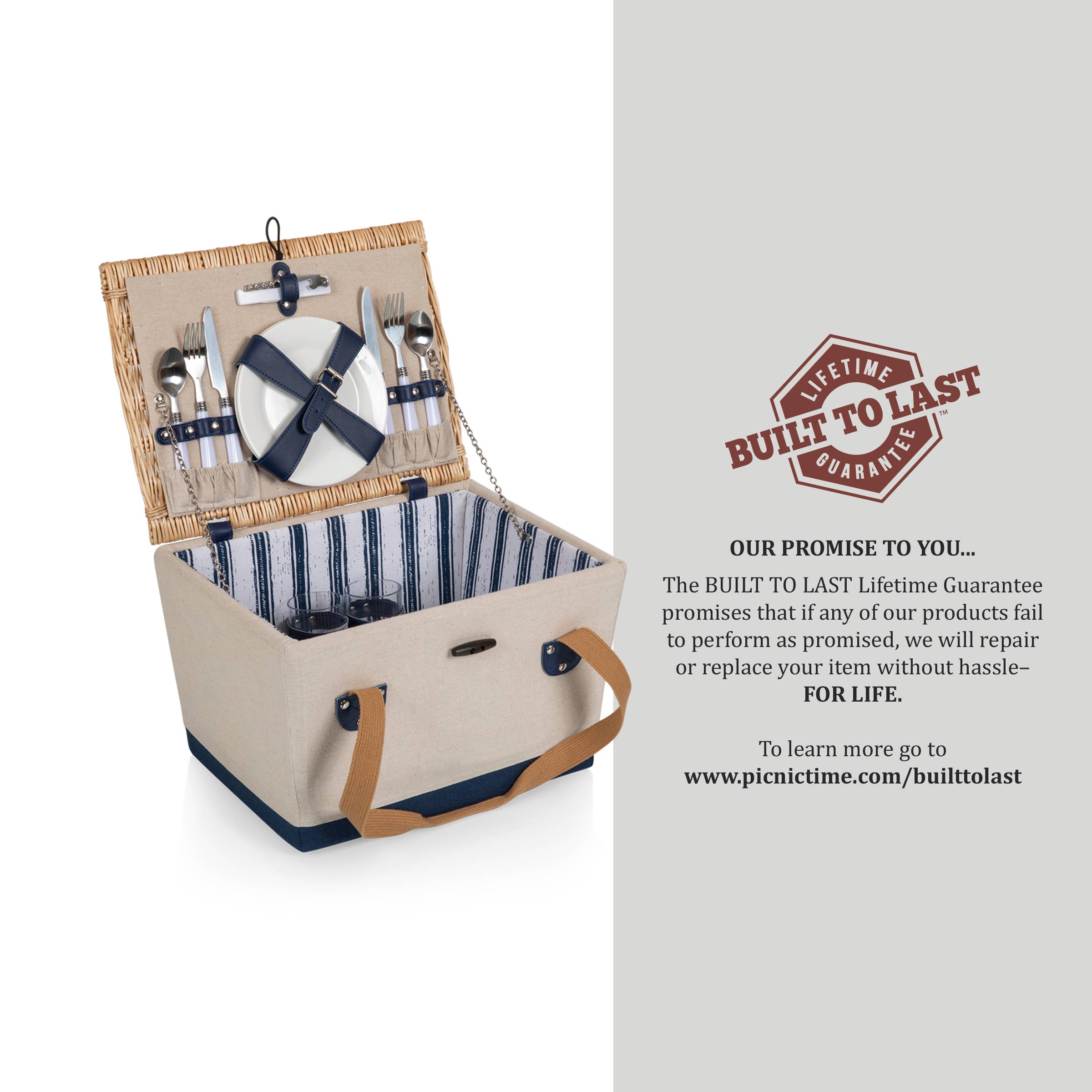 Beige Canvas with Navy Blue Accents Boardwalk Picnic Basket for 2 for wholesale on Faire4