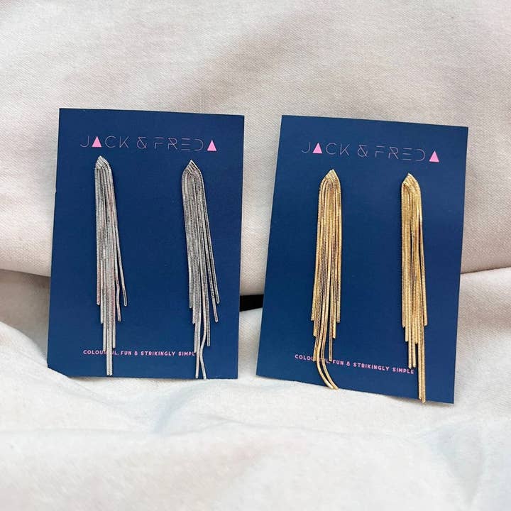 Luxe Tassel Earrings - Gold or Silver Metallic Tassels for wholesale by Jack & Freda