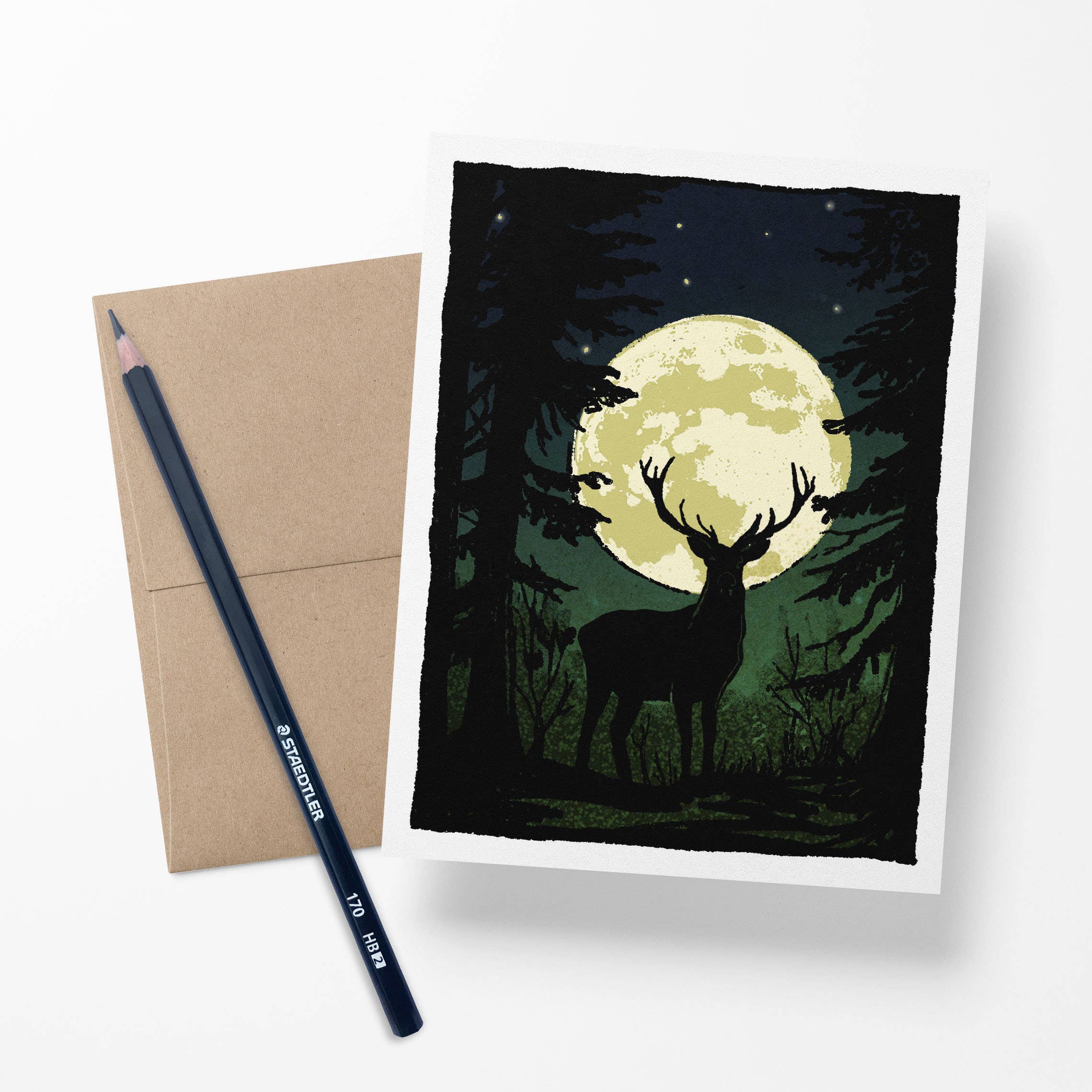 Brainmeats Atelier - Wholesale Season's Greetings Card - Watcher of the Wood – Moonlit Deer Notecard1