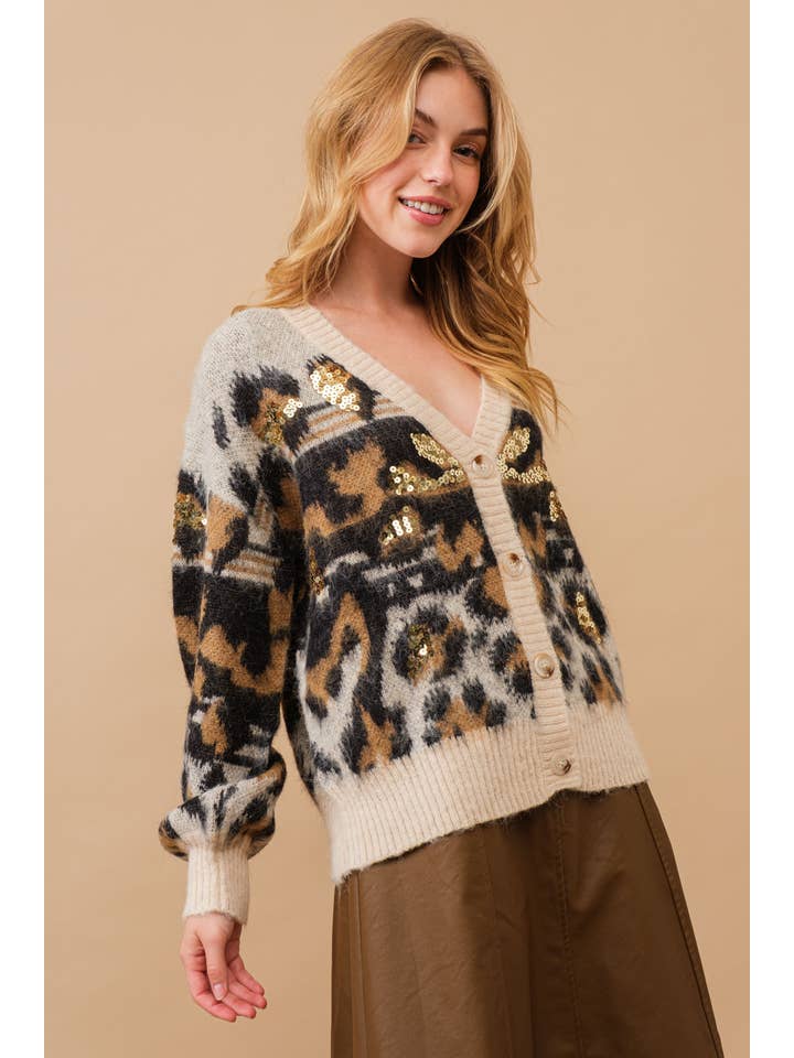 BLACK 17932W-Soft Leopard Pattern Sequin Cardigan Sweater for wholesale on Faire