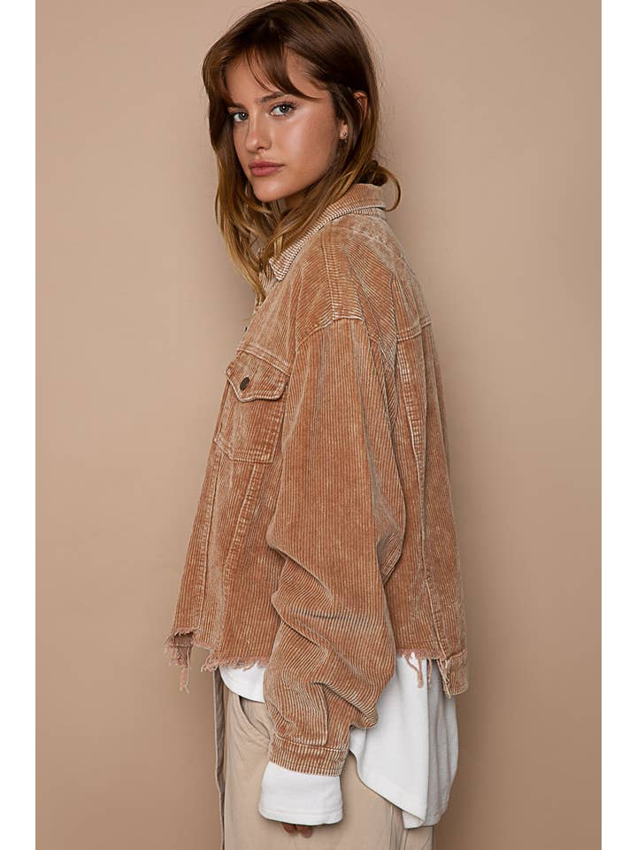 Pol Clothing - Wholesale Jacket - Women's - Pocket front button down distressed hem corduroy jacket SALE