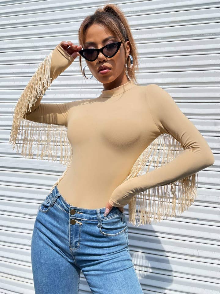 Flarix - Wholesale Blouse - Women's - fringe trim solid fitted tee0