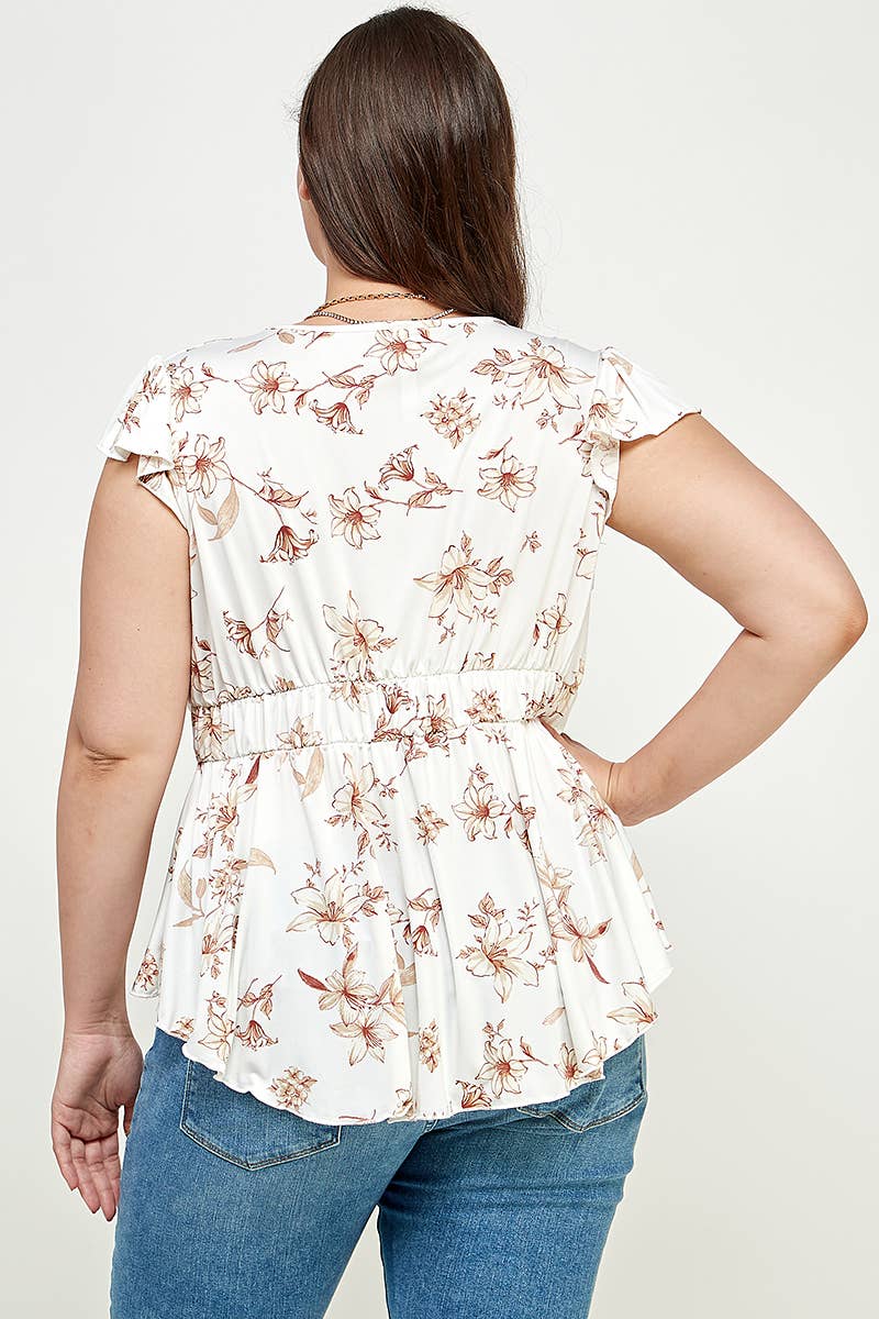 Off White Plus Size Floral Ruffle Babydoll Top KY18037-T for wholesale on Faire5