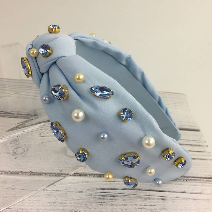 Light baby blue stone/pearl fashion knot headband for wholesale by SongLily