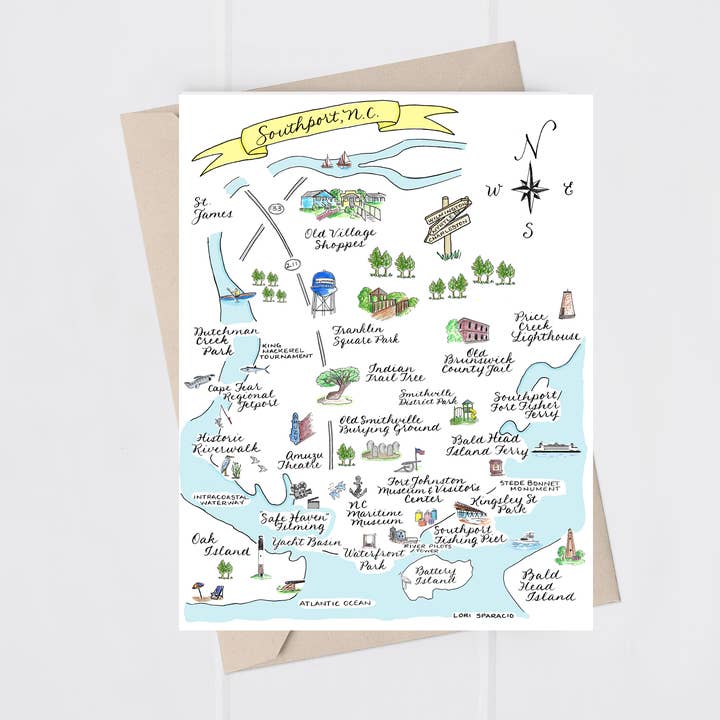 Southport, NC 5x7 folded greeting card for wholesale by The Write Occasion Calligraphy
