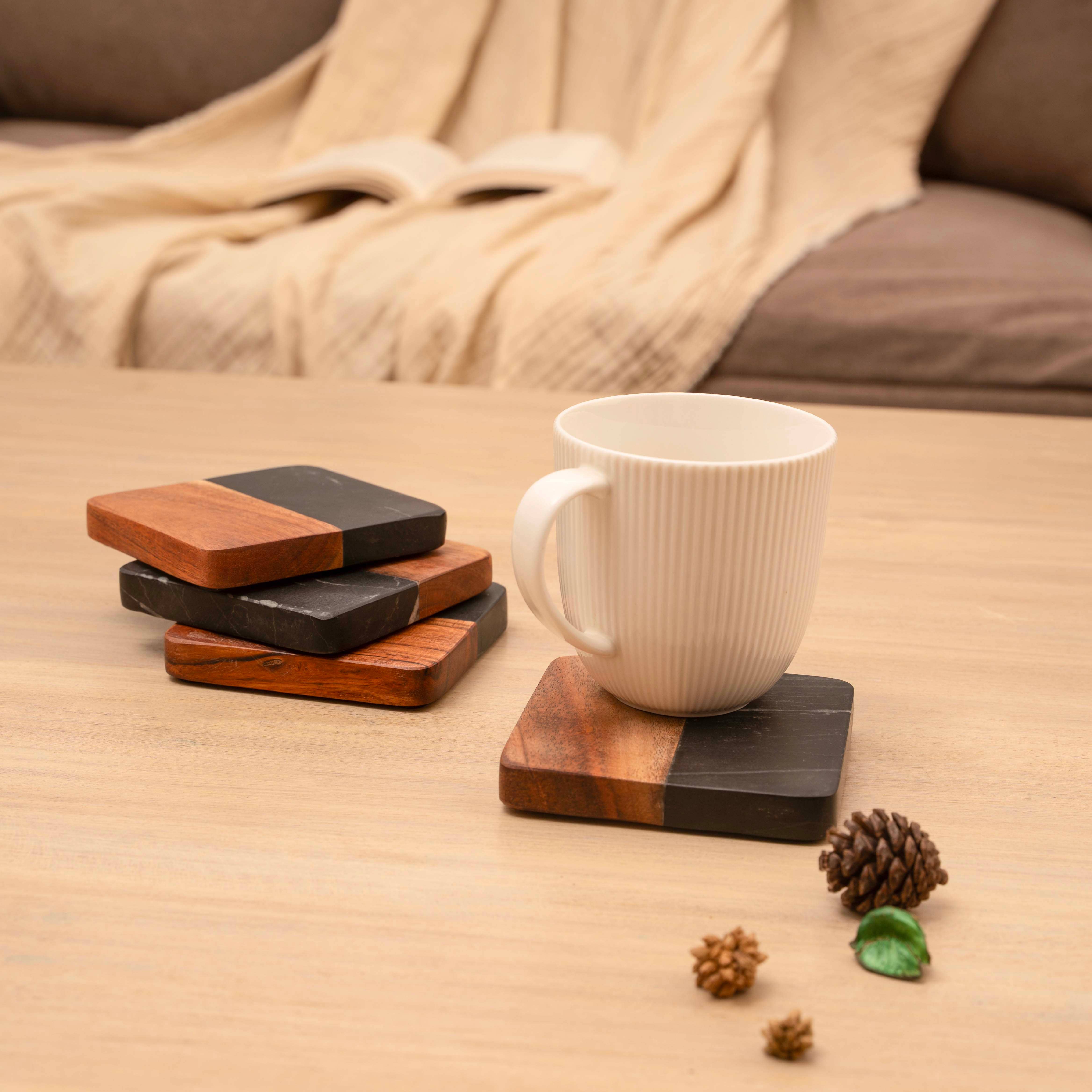 LuxeDesigns Co LLC - Wholesale Coasters - Artisan Marble and Wood Square Coaster Set of 4 - Black5