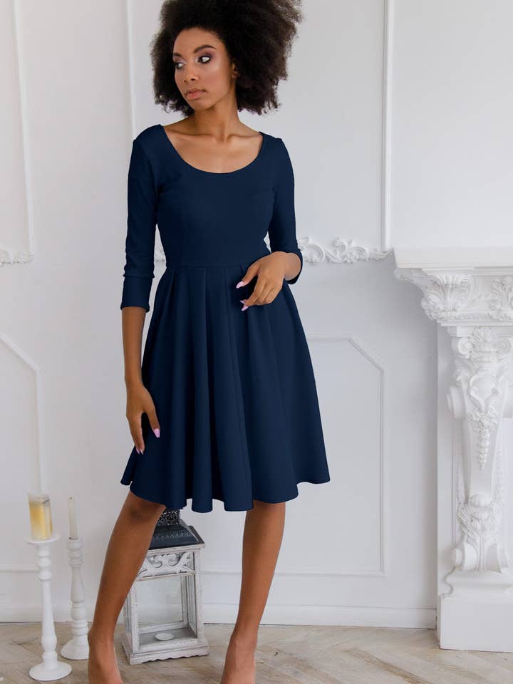 Deep Navy Blue Skater 3/4 Sleeve Flowy Easter Party Dress - Women for wholesale by Pineapple Clothing