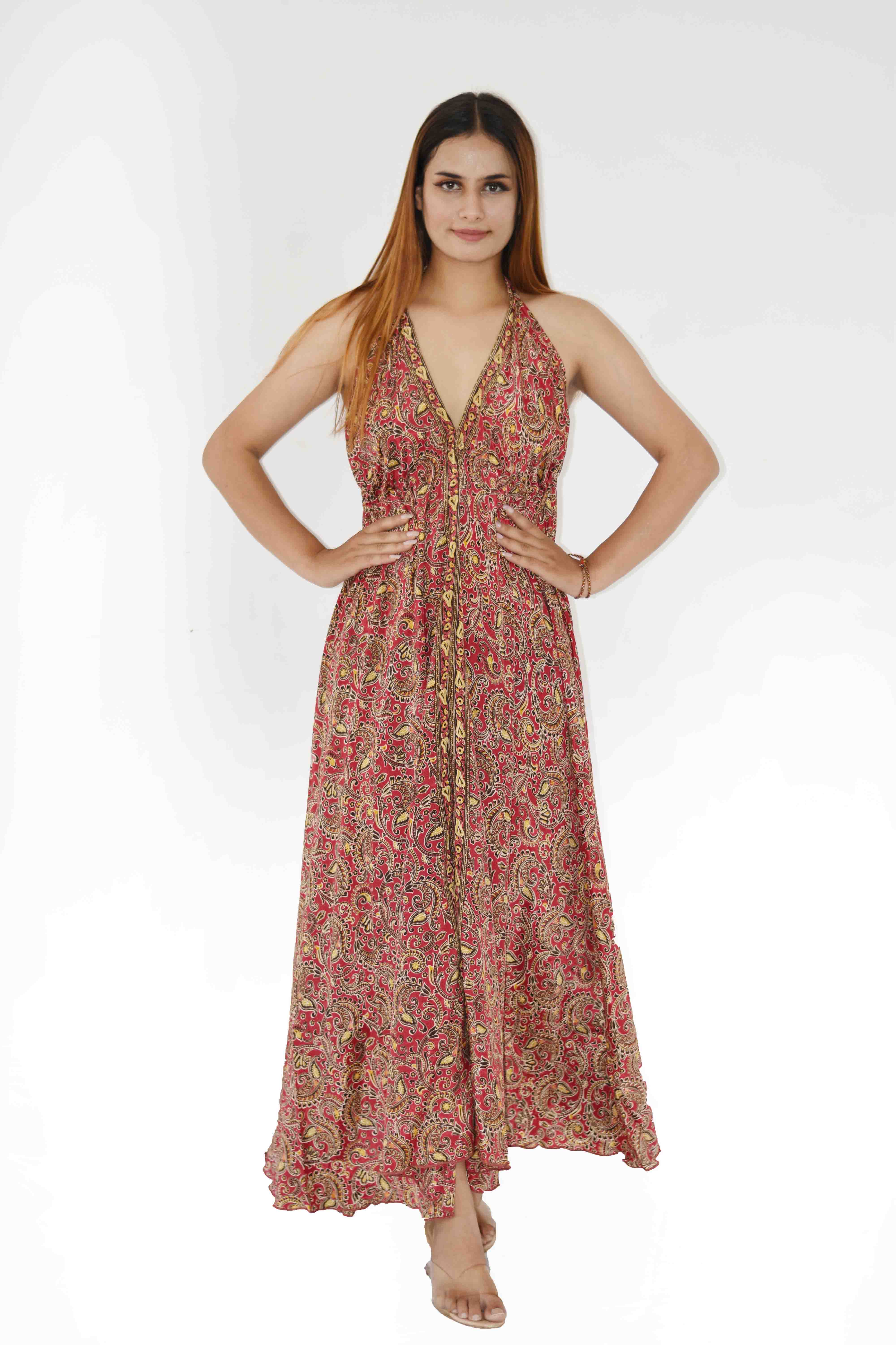 Humanity Centred Designs – Großhandel Kleid – Damen – Boho Kleid Neckholder rückenfrei bedruckte Rüsche in voller Länge4