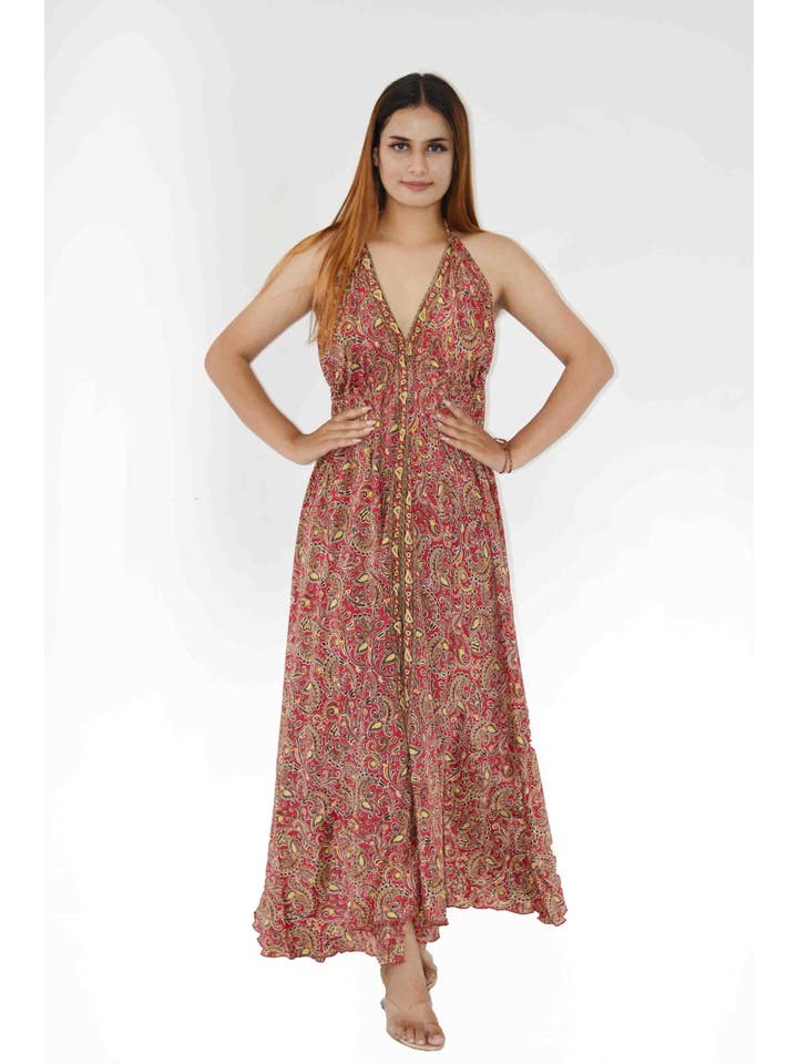 Humanity Centred Designs – Engroshandel Kjole - Dame – Boho kjole halterneck hals rygløs trykt fuld længde flæse4