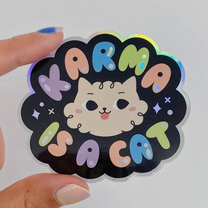 Karma is a Cat Holographic Sticker for wholesale by Annlettering