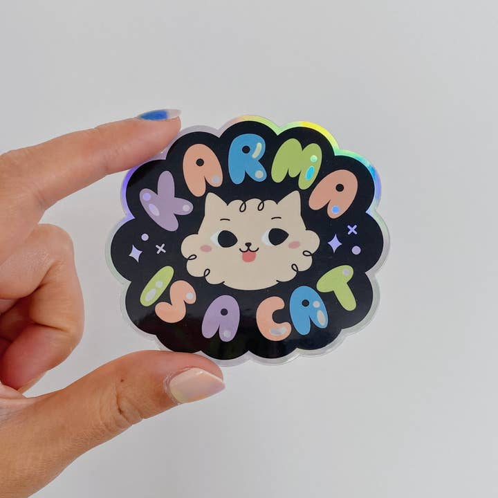 Karma is a Cat Holographic Sticker for wholesale by Annlettering