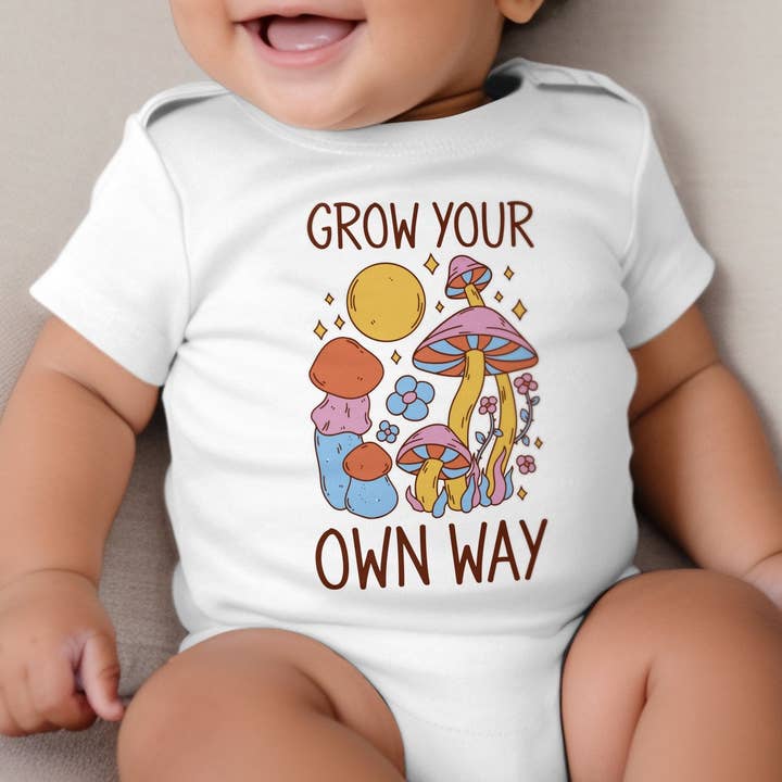 Whimsical Mushroom Graphic Bodysuit, Colorful Fun Fungi Design, Unisex Baby Clothing, Grow Your Own Way Romper for wholesale by FreakyTeeFactory