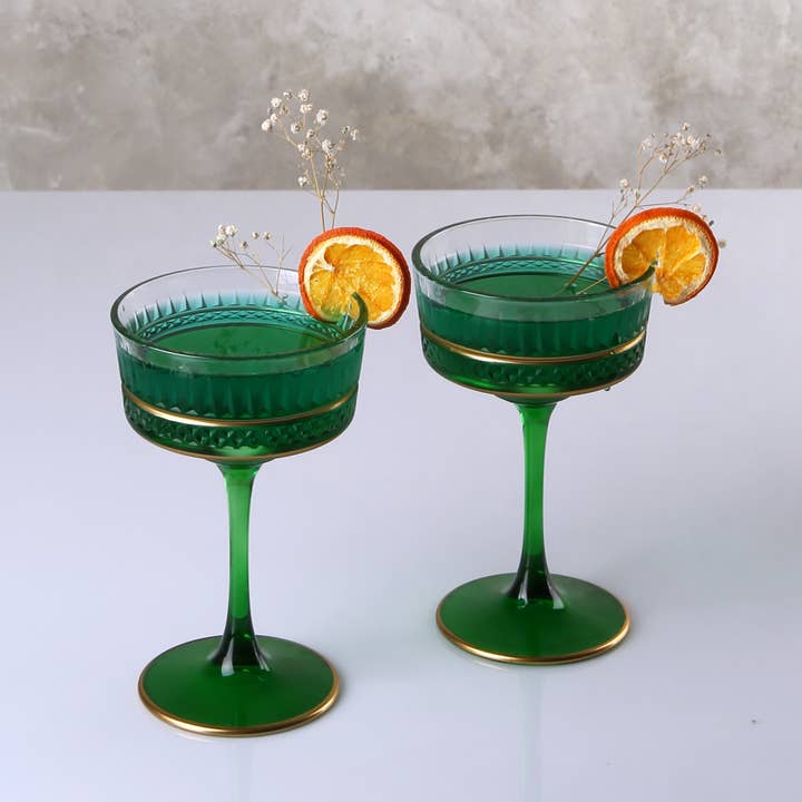 Textured Green Cocktail Glass, Gold Rimmed champagne coupe for wholesale by Adamodart