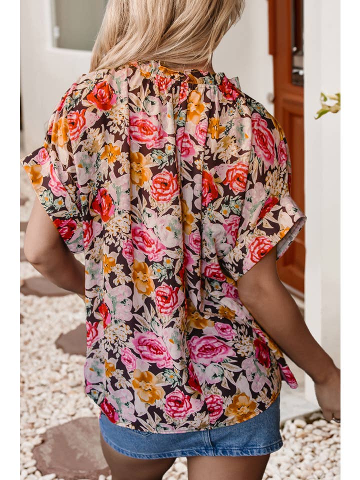 Pink LDC Floral Print Crew Neck Short Sleeve Shift Blouse for wholesale on Faire