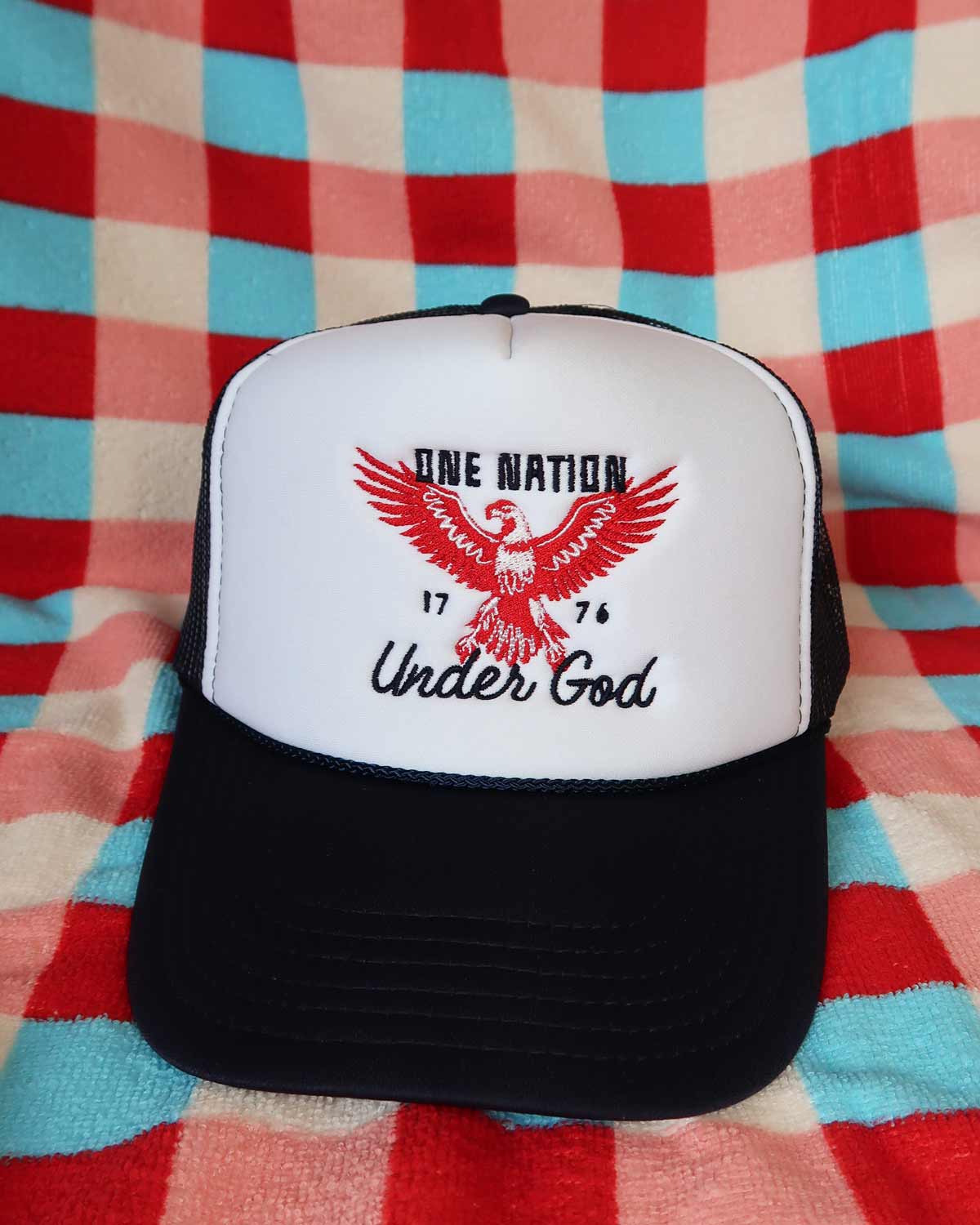 Sundrop - Wholesale Trucker Hat - Unisex - One Nation Under God Navy Trucker Hat - Embroidered July 4th0