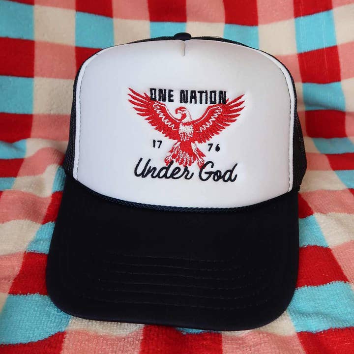 Sundrop - Wholesale Trucker Hat - Unisex - One Nation Under God Navy Trucker Hat - Embroidered July 4th0