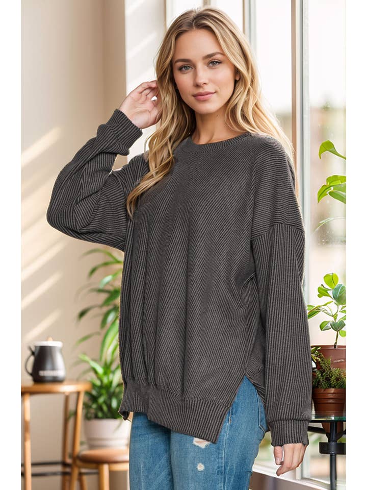 Burgundy Apparel - Wholesale Sweatshirt - Women's - BRUSHED WAVERIB OVERSIZED SWEATSHIRT SIDE SLIT