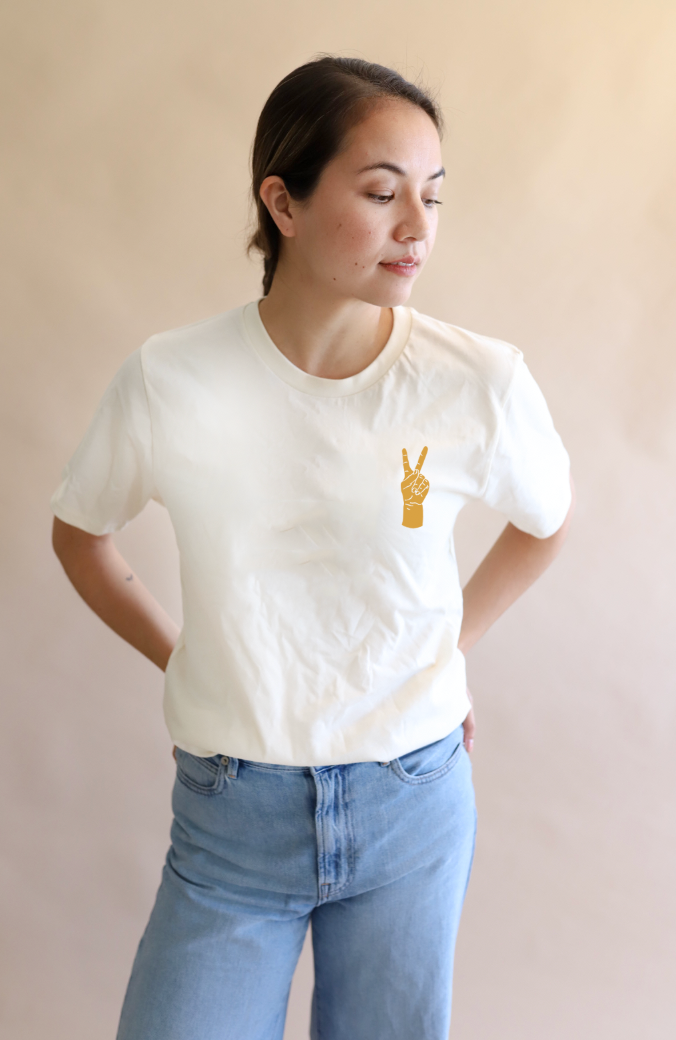 Oak Bluff Peace Hand Embroidered T-Shirt, Womens Shirt, Chainstitch for wholesale on Faire0