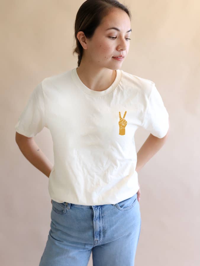 Oak Bluff Peace Hand Embroidered T-Shirt, Womens Shirt, Chainstitch for wholesale on Faire