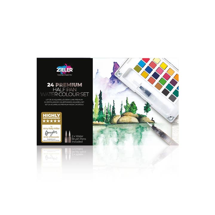 Chartpak, Inc. - Wholesale Watercolor Paint - Zieler Premium 24 Half Pan Watercolor Set with Brushes