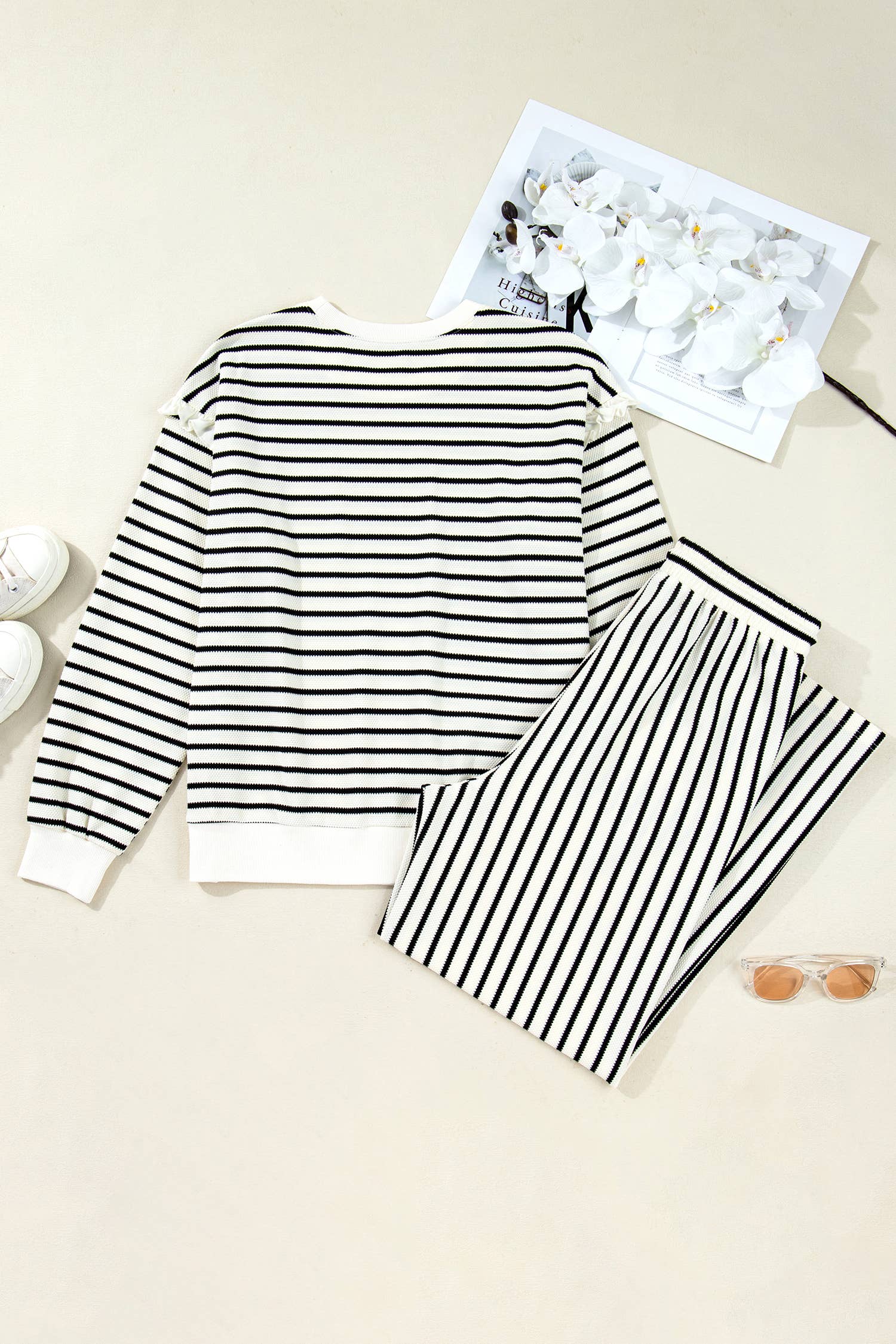 White Stripe Ruffle Trim Drop Shoulder Top Drawstring Loose Pant Set for wholesale on Faire3