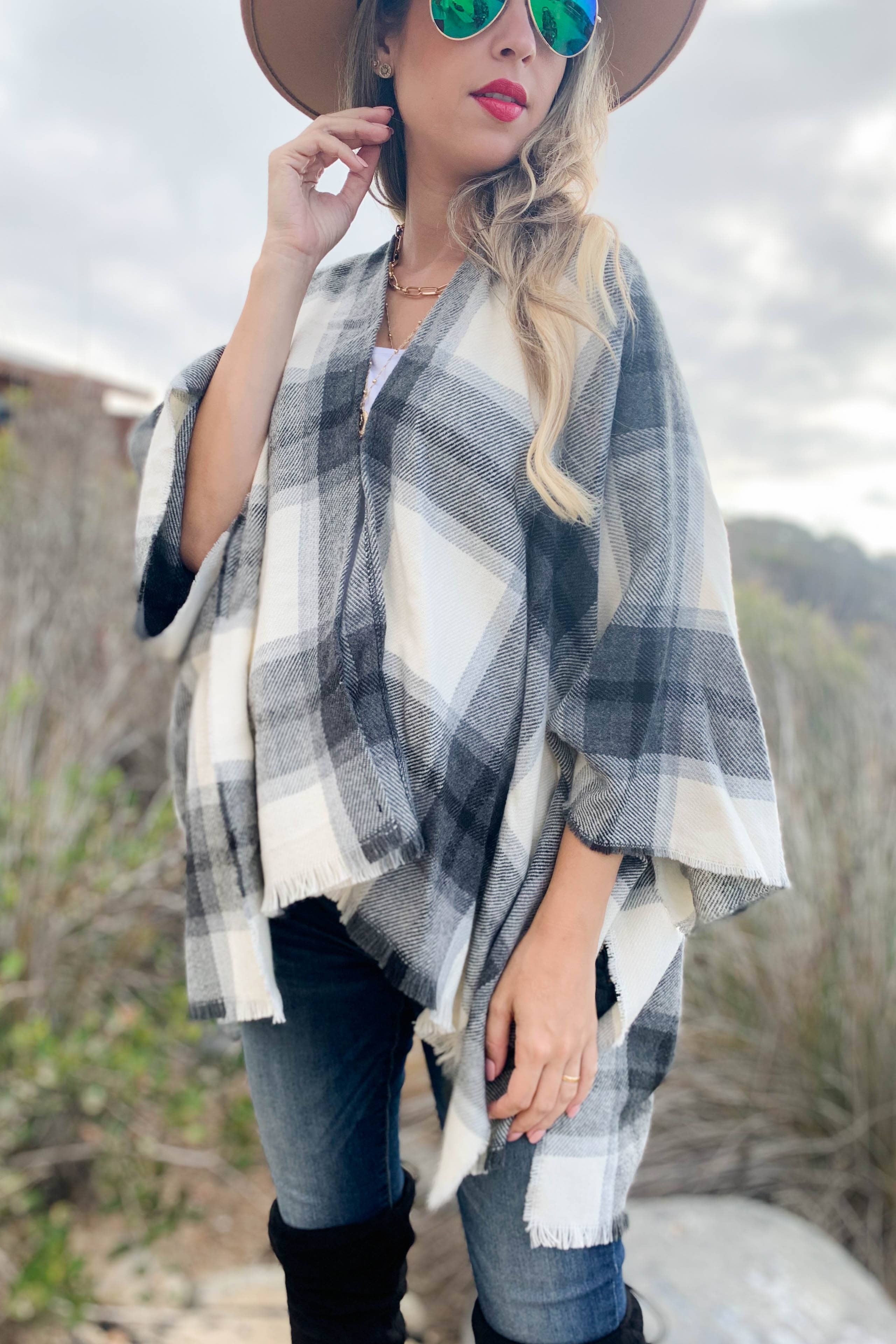 Grey Plaid Printed Cozy Knitted Kimono Cardigan With Fringe for wholesale on Faire2