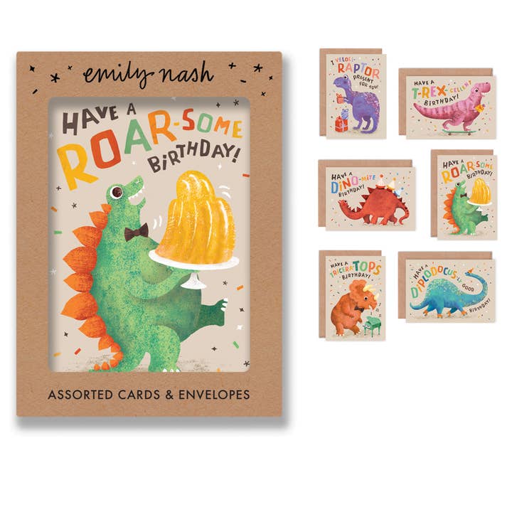 Multipack de Cartões de Aniversário com Dinossauros x 6 | Cartões para Crianças por atacado de Emily Nash Illustration Greeting Cards