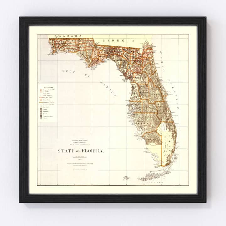 Vintage Map of Florida 1876 for wholesale by Ted's Vintage Art