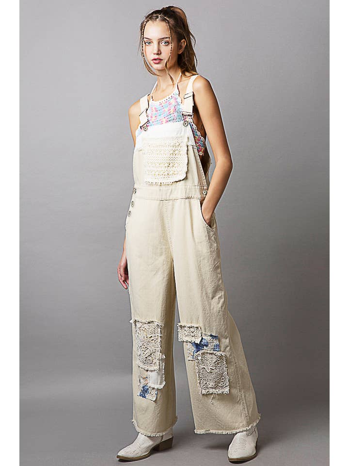Pol Clothing - Wholesale Overalls - Women's - Crochet patchwork detail casual denim overalls